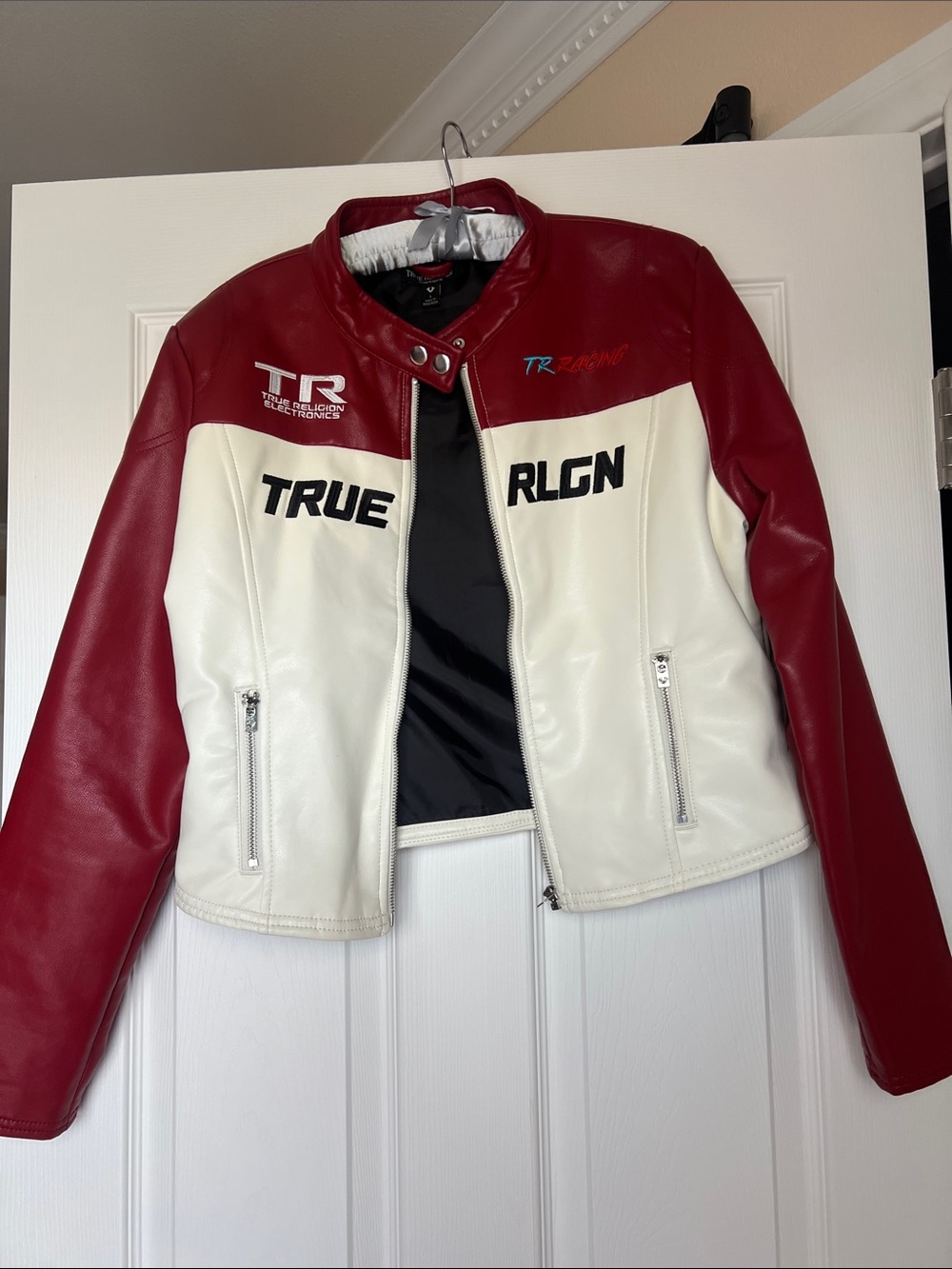 True Religion Red and White Faux Leather Moto Jacket with Contrast Panels